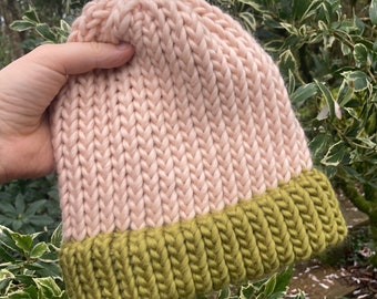 Magnolia knitted hat with 100% merino wool, hand knit hat, gardening hat, bobble hat, wool knit hat