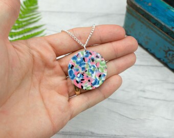 Circle pendant necklace - bright colour necklace - abstract jewellery - patterned necklace