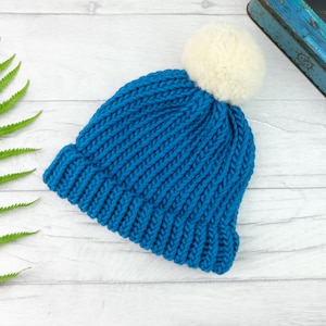 Calm blue bobble hat, merino wool hat, chunky knit beanie, hat for men, hats for women