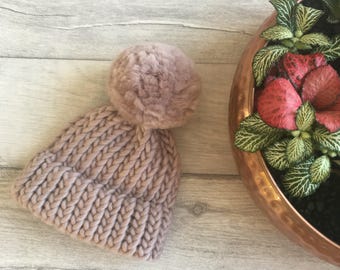 Mink pink baby hat, newborn knitwear, hospital outfit, bobble hat, baby hats for girls