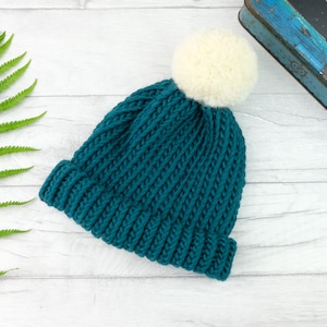 Peacock Blue Wool Bobble Hat: Chunky Knit Winter Beanie
