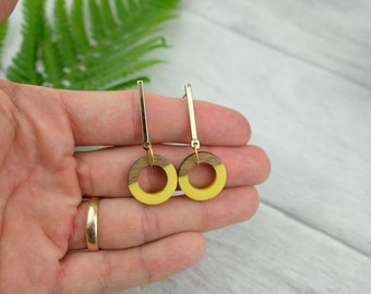 Yellow wooden earrings - geometric circle earrings - modern statement earrings - boho earrings