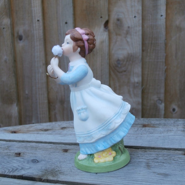 Girl blowing dandelion clock figurine made in England - hand painted figure - young girl - vintage figurine - porcelain - etsy uk kitsch