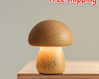 Handcrafted Wooden Mushroom Table Lamp · Rechargeable Cordless Bedside Night Light · Minimalist Housewarming Gift