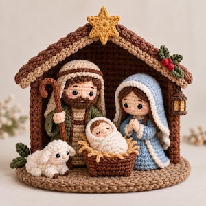 May include: A crochet nativity scene featuring a brown stable with a yellow star on top. Inside are figures of a bearded person in green and tan, a person in a blue head covering, and a swaddled infant in a brown manger with a white lamb.