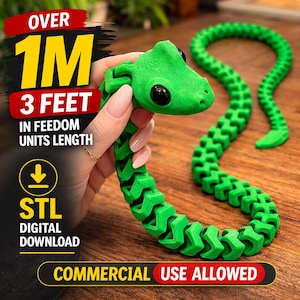 May include: A bright green articulated snake toy with black eyes. The snake is approximately 3 feet long. The image includes text that says "OVER 1M 3 FEET IN FEEDOM UNITS LENGTH" and "STL DIGITAL DOWNLOAD COMMERCIAL USE ALLOWED".