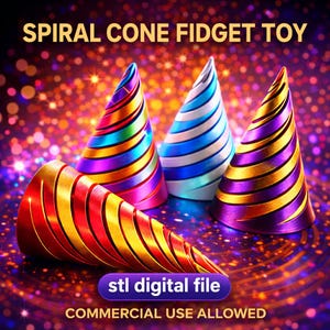Pode incluir: Imagem de quatro brinquedos fidget de cone espiral em cores vibrantes. Os cones são vermelhos, dourados, roxos, azuis e verdes. O texto "SPIRAL CONE FIDGET TOY", "stl digital file" e "COMMERCIAL USE ALLOWED" é visível.