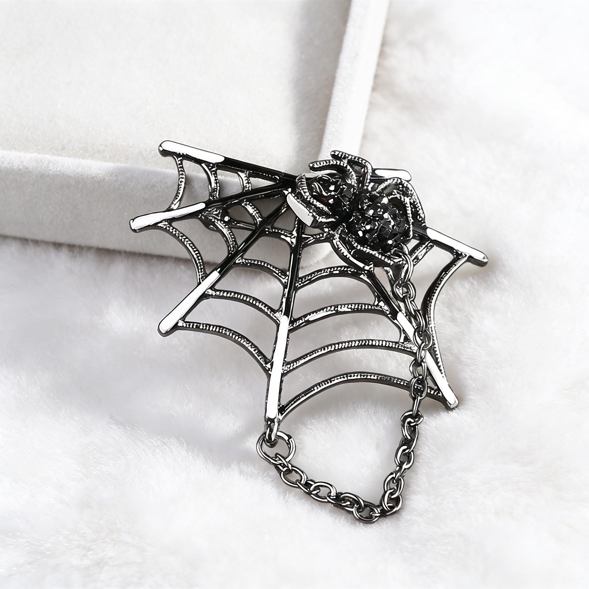 Gothic Spider Web Lapel Pin With Chain, Black Rhinestone Spider Brooch ...