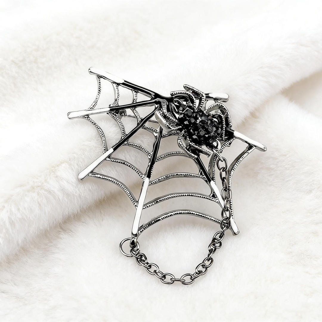 Gothic Spider Web Lapel Pin With Chain, Black Rhinestone Spider Brooch ...