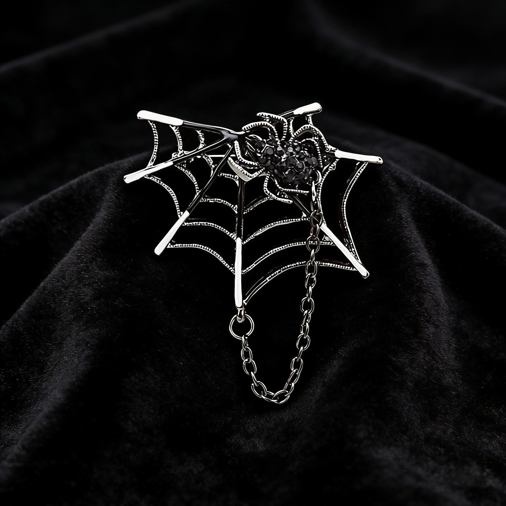 Gothic Spider Web Lapel Pin With Chain, Black Rhinestone Spider Brooch ...