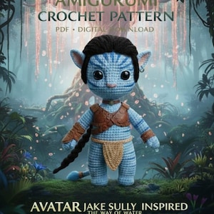 May include: A crocheted amigurumi doll inspired by Jake Sully from Avatar, with blue skin, black hair, and tribal markings. The doll wears a brown vest and loincloth. Text on the image reads "Jake Sully Inspired Amigurumi Crochet Pattern" and "Avatar Jake Sully Inspired The Way of Water Amigurumi Crochet Pattern".