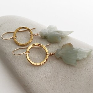 Jade dangles Green jade earrings Leaf dangle earrings Gold jade earrings  gold loop earrings