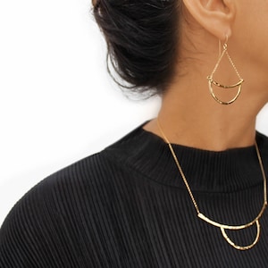 Hammered boho earrings Long dangle gold earrings Smile earrings Big gold Statement Earrings