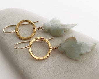 Jade dangles Green jade earrings Leaf dangle earrings Gold jade earrings  gold loop earrings