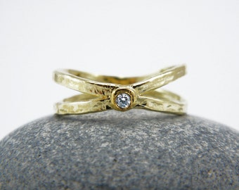 Gold X ring Cross gold ring Chevron zircon ring Criss Cross Ring X Cross Ring Hammered gold ring