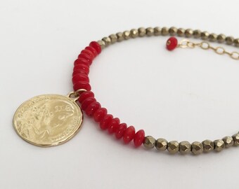 Gemstone bracelet with gold coin charm Turquoise Coral bracelet Colourful bohochic Gemstone Coin bracelet
