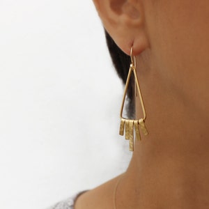 Dangle fringe earrings Triangle dangle earrings Gold hammered earrings Bohemian gold Earrings Gold fringe earrings image 1