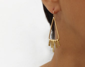 Dangle fringe earrings Triangle dangle earrings Gold hammered earrings Bohemian gold Earrings Gold fringe earrings