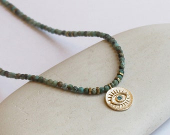 Evil eye gemstone pendant necklace natural turquoise necklace good luck gold turquoise necklace amulet protection charm goldfilled necklace