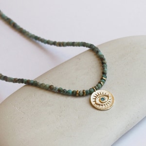 Evil eye gemstone pendant necklace natural turquoise necklace good luck gold turquoise necklace amulet protection charm goldfilled necklace