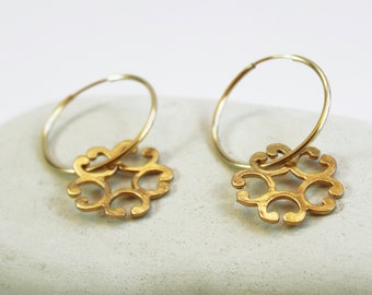 Gold filled hoop earrings flower ornament earrings