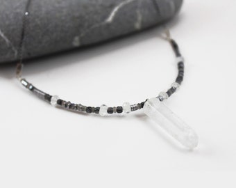 Crystal quartz necklace Silver hematite necklace Quartz long neclace Point necklace