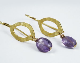 Purple amethyst earrings purple gold earrings small gold dangle earrings