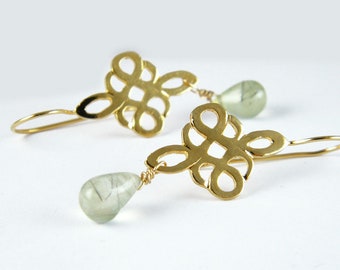 Green tourmaline earrings gold green clover earrings gold dangle earrings nature jewelry
