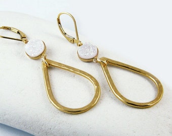 Gold teardrop wedding earrings, White Drusy bridal earrings, unique bridal jewelry