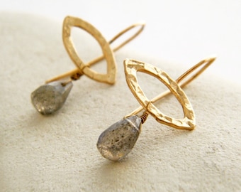 Gold labradorite earrings oval loop earrings