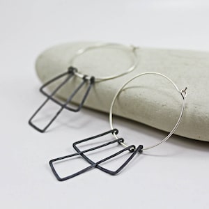 Oxidized silver earrings Hoop silver earrings Geometric silver earrings Sterling silver hoop earrings