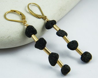 Black gold Dangle earrings Black lava earrings Gold and black long Lava earrings Statement earrings
