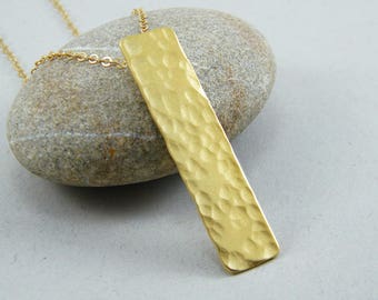 Gold Rectangle necklace Hammered  bar necklace Gold bar necklace Long bar necklace