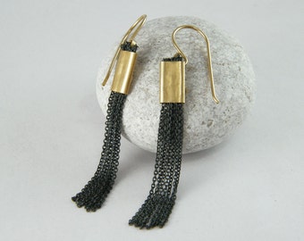 Oxidized silver dangle earrings Silver gold long earrings Long chain earrings Gold black earrings