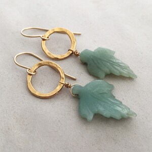 Jade dangle earrings leaf earrings gold jade earrings green jade earrings gold loop earrings