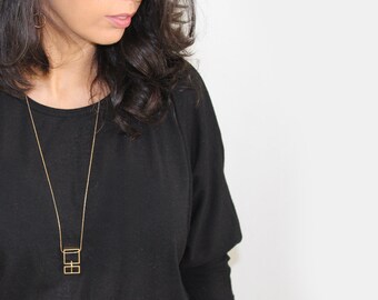 Square pendant Geometric statement long gold necklace Movement jewelry Kinetic necklace Gold Rectangle necklace