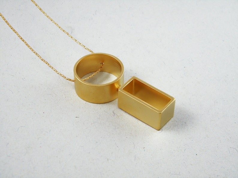 Round Gold pendant Geometric statement long necklace Rectangle Kinetic necklace Long gold necklace Movement jewelry image 4