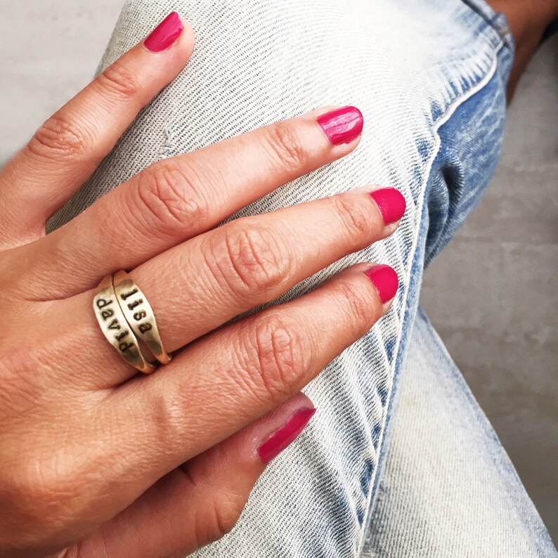 Personalized Name Rings Hammered Stack Rings Custom Name Etsy