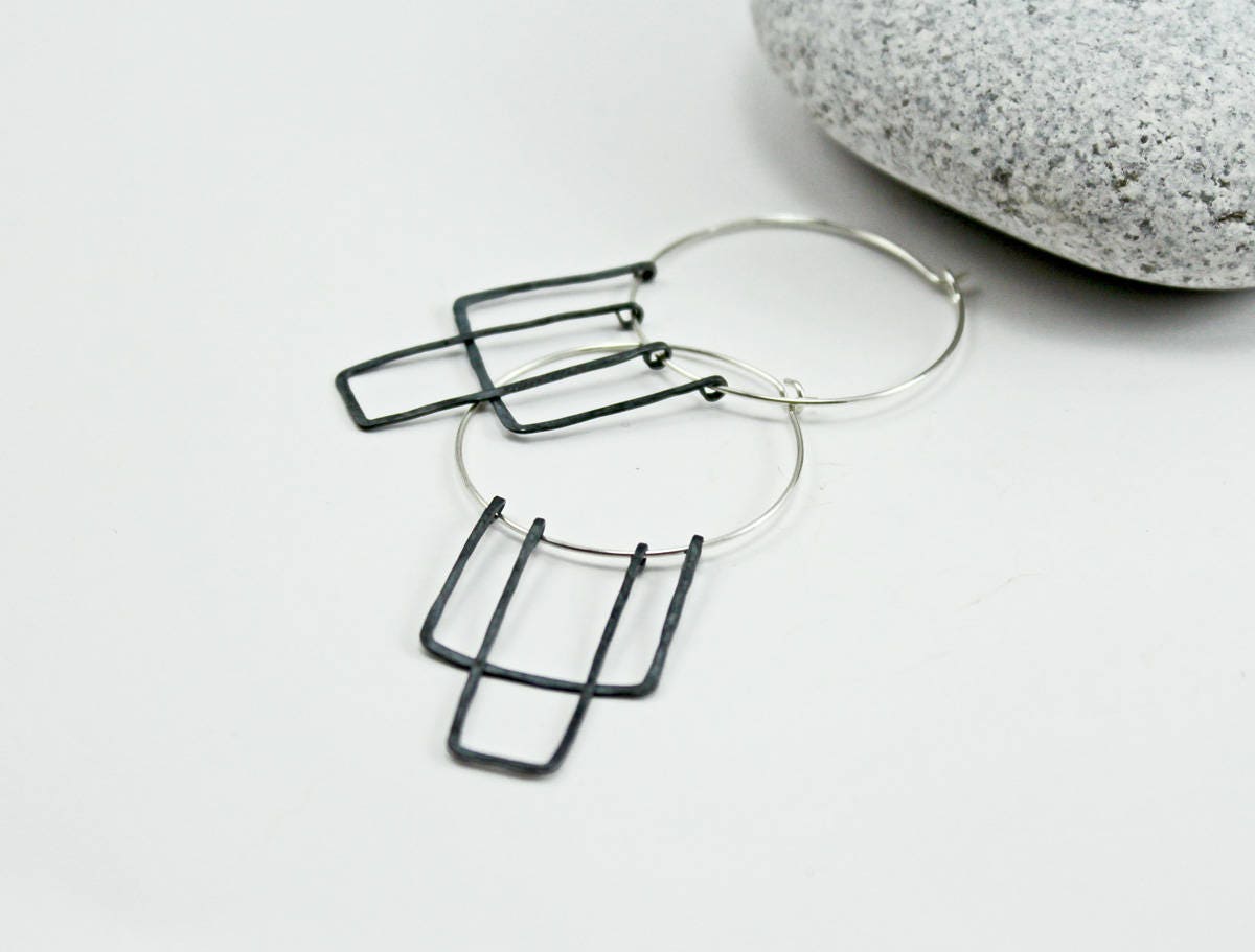 Rectangle oxidized silver earrings Silver hoop earrings Etsy