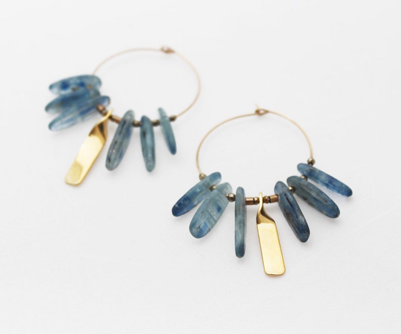 Kyanite earrings Gold blue hoop earrings Blue gemstone boho earrings Energy jewelry image 5