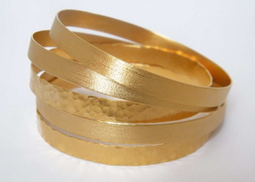 Thin Stack Bangles Bracelets Stackable Bracelets Textured Gold Etsy