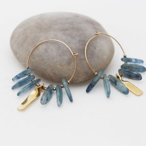 Kyanite earrings Gold blue hoop earrings Blue gemstone boho earrings Energy jewelry image 2