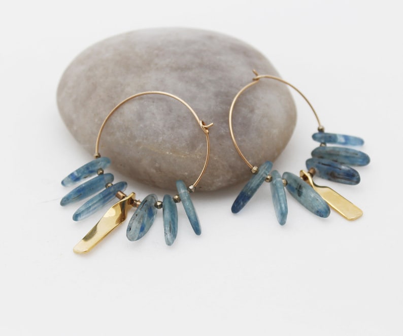 Kyanite earrings Gold blue hoop earrings Blue gemstone boho earrings Energy jewelry image 2