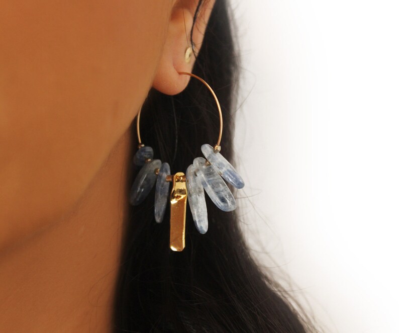 Kyanite earrings Gold blue hoop earrings Blue gemstone boho earrings Energy jewelry image 6