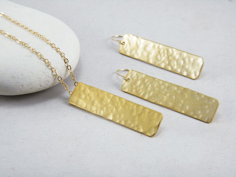 Gold Rectangle necklace Hammered bar necklace Gold bar necklace Long bar necklace image 2