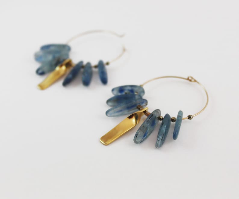 Kyanite earrings Gold blue hoop earrings Blue gemstone boho earrings Energy jewelry image 3