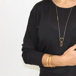 Round Gold pendant Geometric statement long necklace Rectangle Kinetic necklace Long gold necklace Movement jewelry image 5