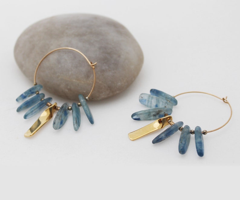 Kyanite earrings Gold blue hoop earrings Blue gemstone boho earrings Energy jewelry image 8