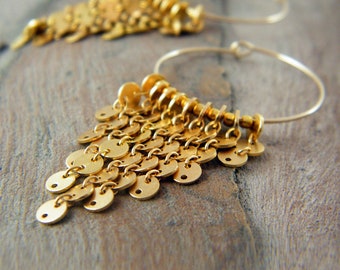 Gold Fringe earrings gold filled hoops earrings gold disc earrings