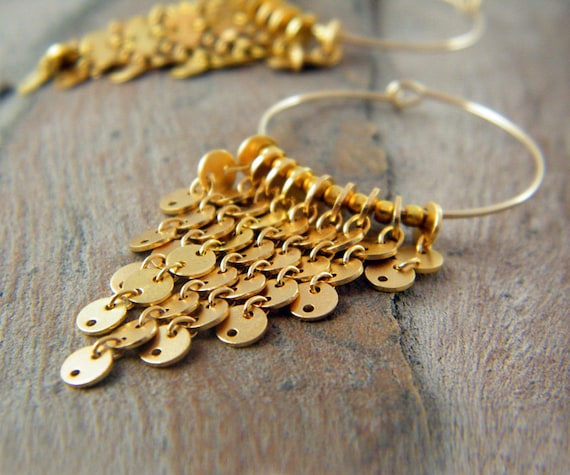 Gold Fringe earrings gold filled hoops earrings gold disc earrings